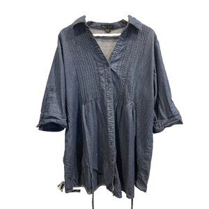 Caren Sport Blouse Size 2XL 100% Cotton button pleated tie back long sleeve blue